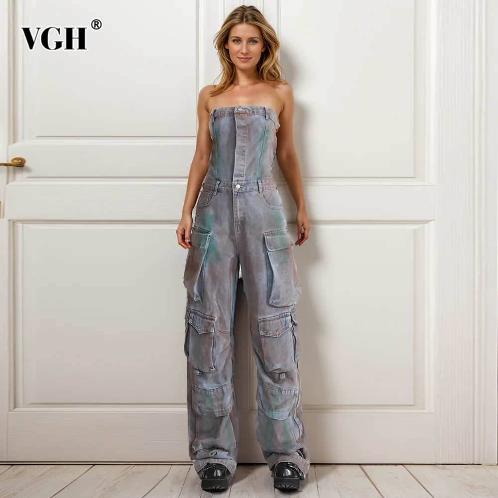 VGH Streetwear Denim Jumpsuits For Women Slash Neck Off Shlouder Sleeveless High Waist Splined Pockets Loose Jumpsuit Female New