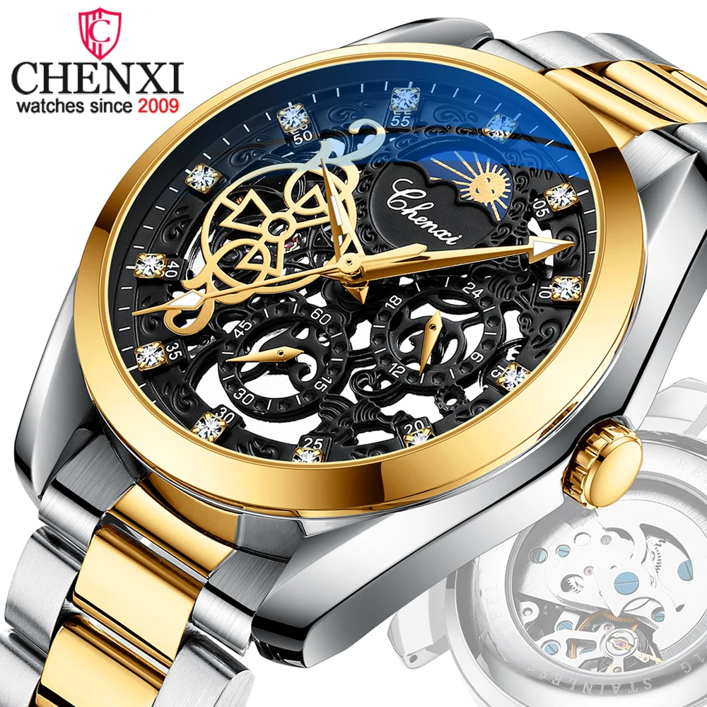 CHENXI Brand Classic Mens Watches Top Luxury Moon Phase Automatic Mechanical Watch For Men Stainless Steel Waterproof Wristwatch