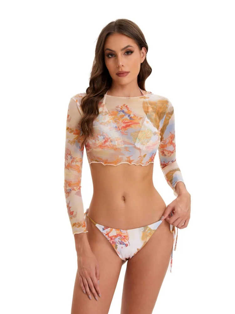 

Bikini Women Swimsuit 2026 New Print Halter Bikini Set Sexy Lace Up Swimwear Summer Mesh Smock 3 Piece Beach Bathing Suit Female