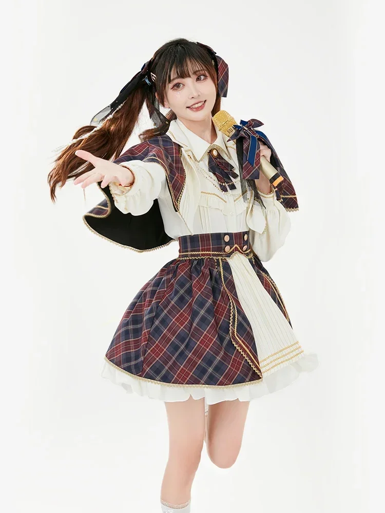 

Song-Promotion Costume Lolita Girl Womens Long Sleeve Shirt Plaid Short Cape Coat Skirt Team Skirt Suit JK Uniform Stage Outfits