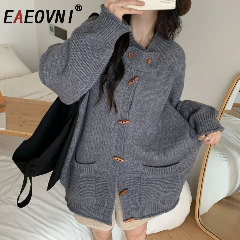 

EAEOVNI Casual Solid Color Knitted Sweater Coat Women Spliced Collar Button Design Pockets Loose Clothing 2025 Autumn Winter New