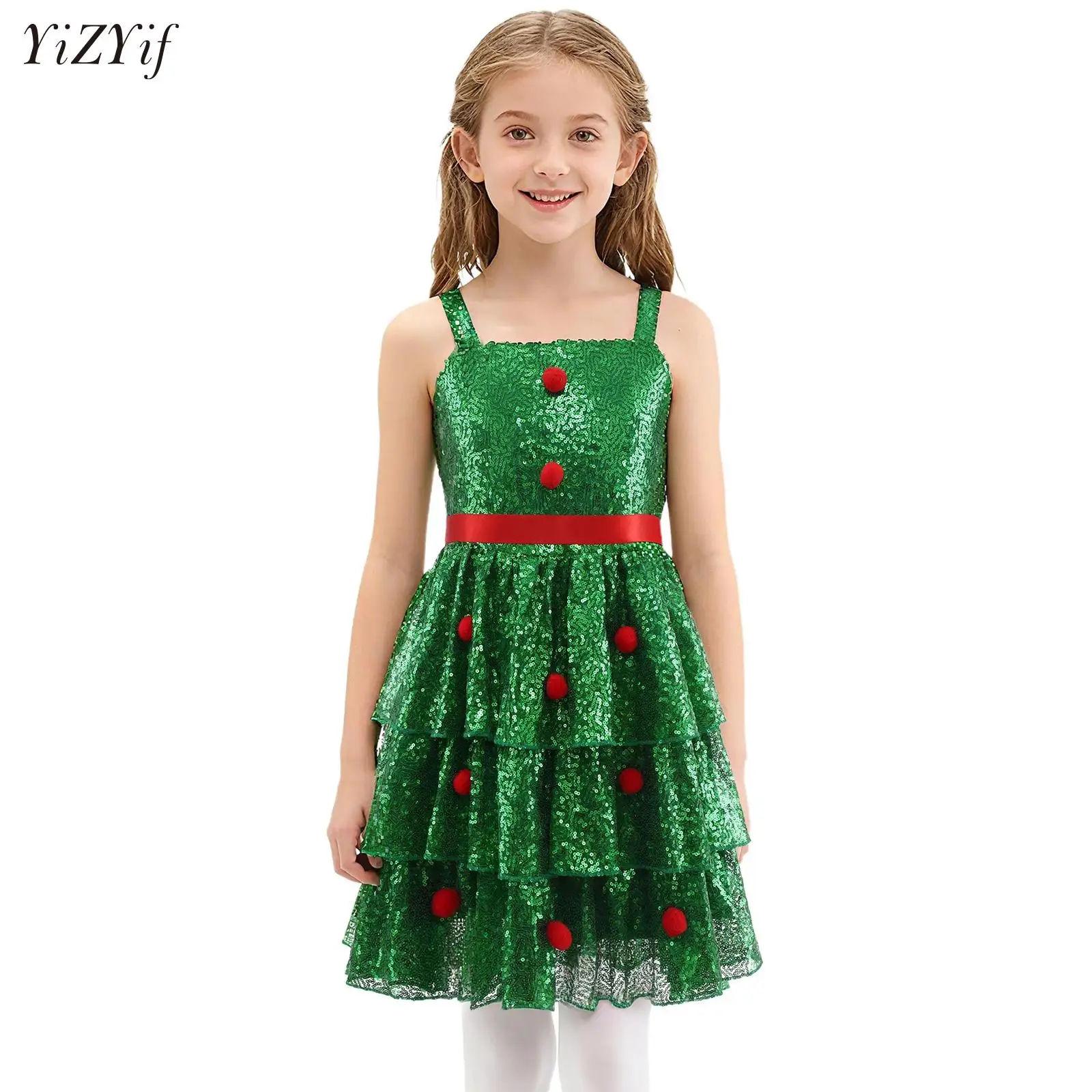 

Kids Girls Christmas Ballet Dance Figure Skating Performance Tutu Dress Sequins Sleeveless Stripe Candy Canes Cosplay Costume