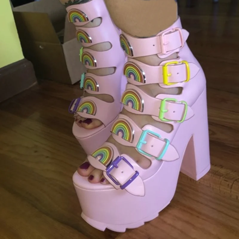 Mixed Colors Plaform Leather Sandals Sexy Pointed Toe Square Heel Metal Buckle Bekt New Arrials Fashion Women Modern Shoes