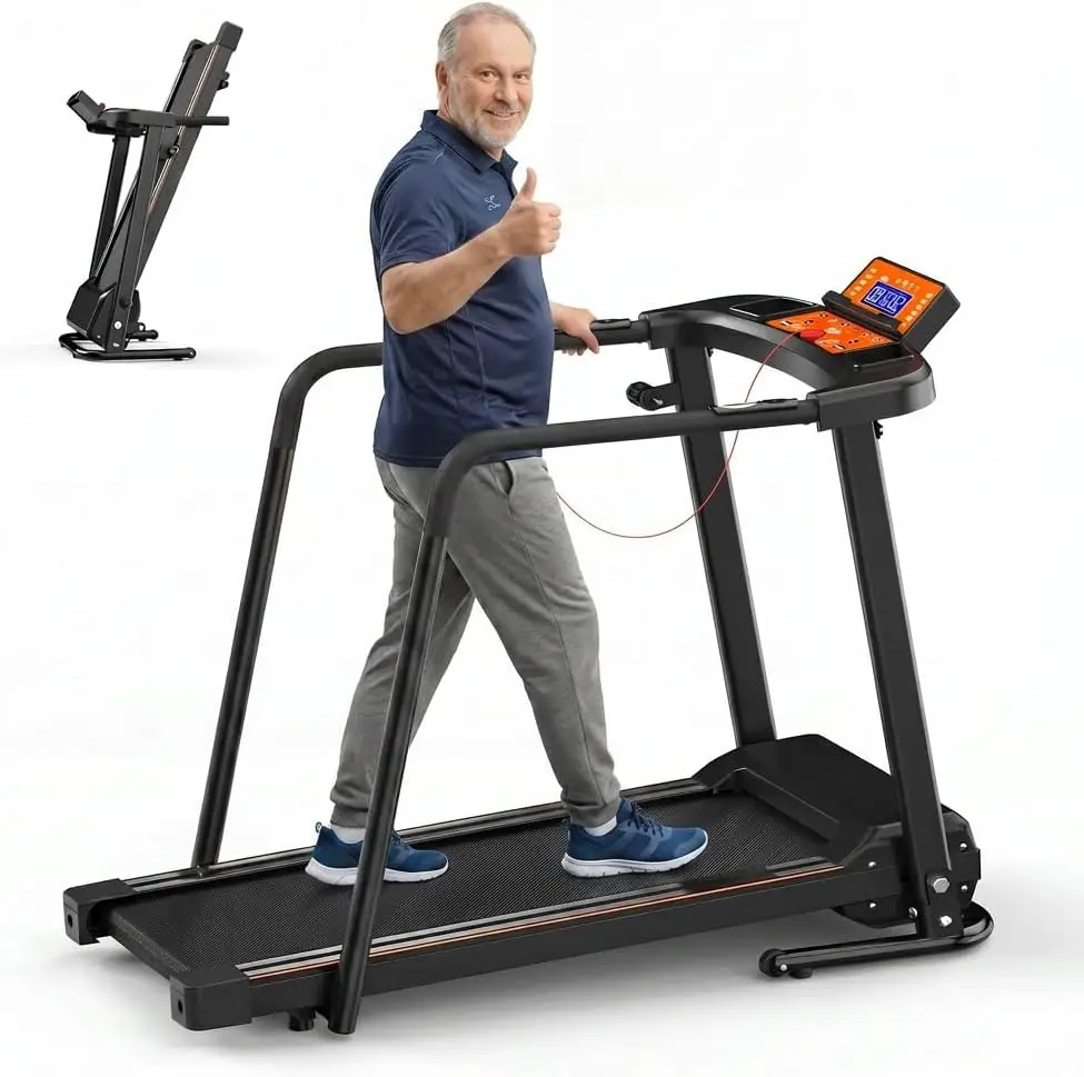 Home Walking Treadmill with Extended Handrail Handlebar, 300Lb Max Load, Heart Rate Monitoring, Folding Frame, Tablet & Cup Holder, 2.5HP Quiet Motor, for Elderly Rehabilitation