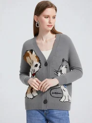 Women Knitted Cardigans Cartoon Cat Pattern Retro Korean Chic Long Sleeve V-neck Sweater Coat Fashion Outerwear Loose Female Top