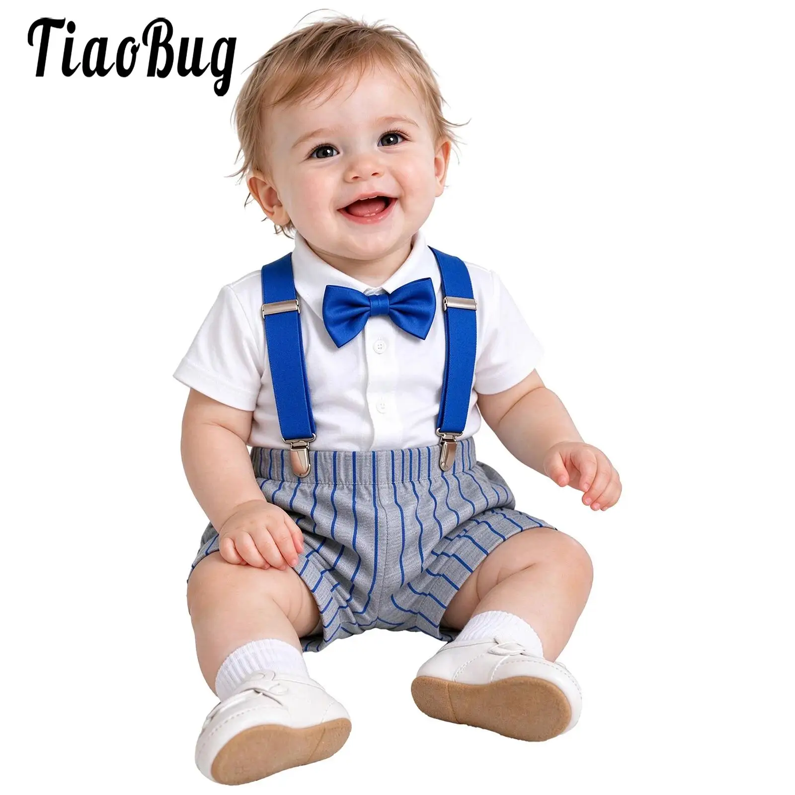 Baby Boys Gentleman Outfit Adjustable Suspender Striped Shorts with Bowtie Tie for Baseball Game Photo Shoot Family Gathering