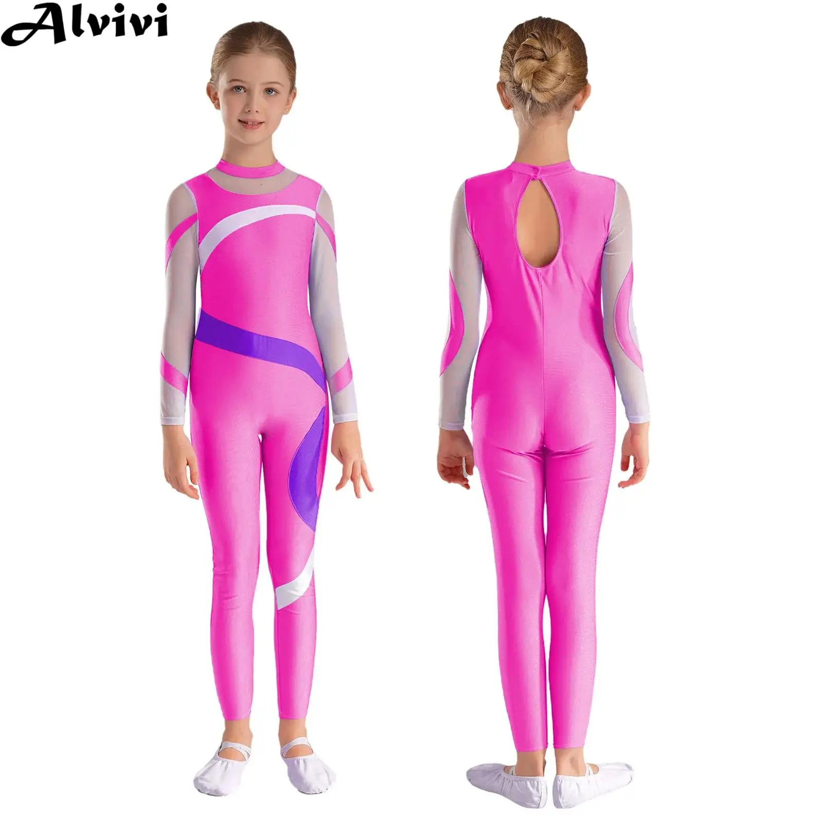 

Girls Figure Skating Ballet Dance Gymnastics Acrobatics Yoga Jumpsuit Long Sleeve Sheer Mesh Leotard Stage Performance Bodysuit