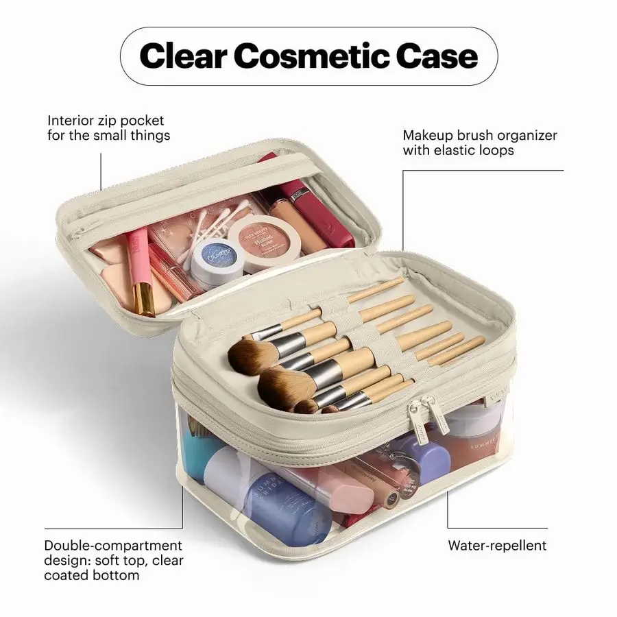 Doorzichtige cosmetische tas voor op reis, TSA-goedgekeurde make-upversterker met dubbel compartiment en leren handvat, transparant C