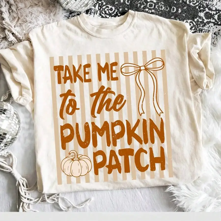 Women's Take Me To The Pumpkin Patch Halloween Fall Bow Stripes Letter Graphic Print T‑Shirt Crew Neck Short Sleeve Casual Tee Top