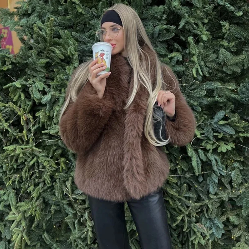 투울라로즈 겨울 두꺼운 퍼 코트 신상 라펠 플러시 패치워크 따뜻한 루즈 퍼 코트 패션 빈티지 브라운 캐주얼 여성 아우터웨어