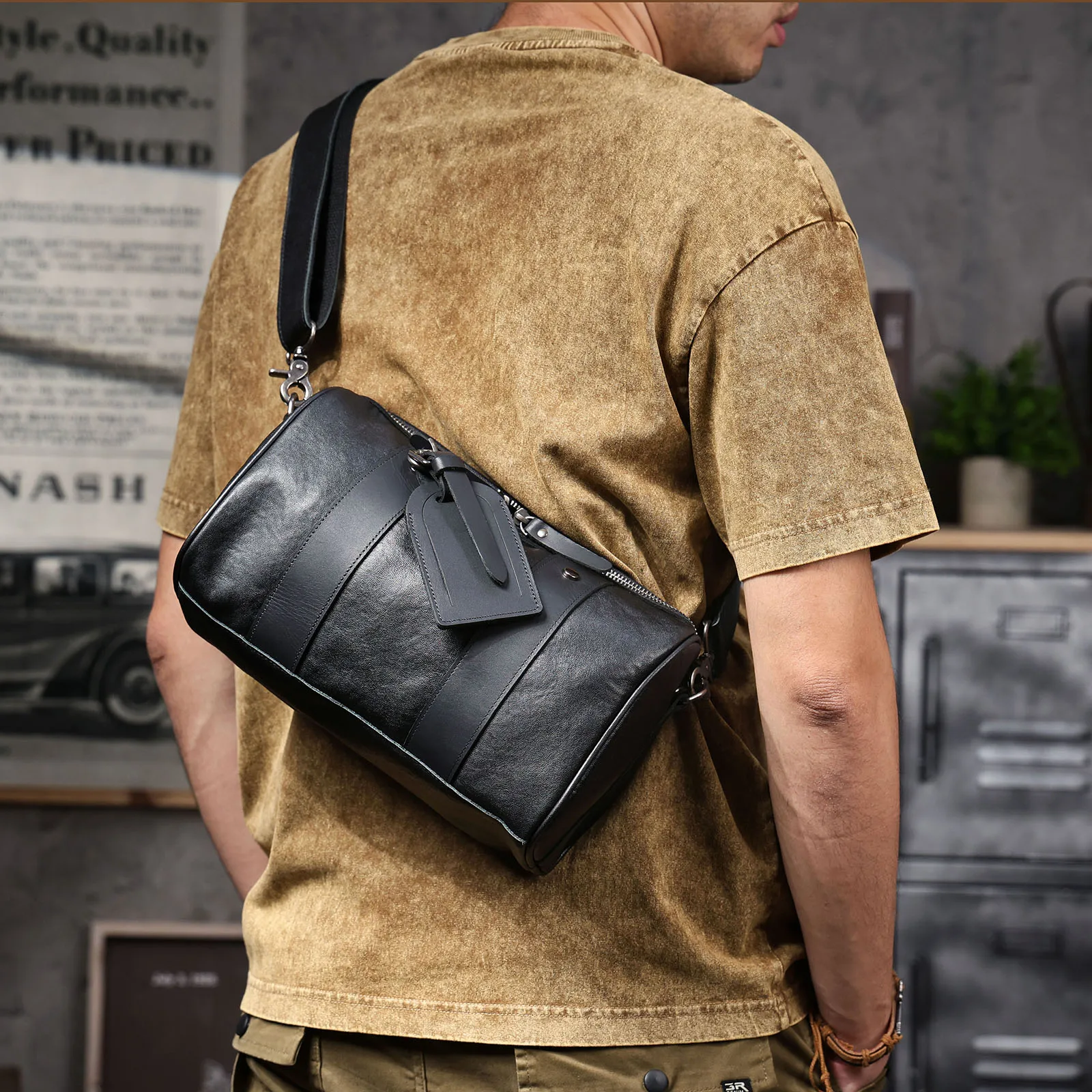 Echte Leder-Umhängetasche für Herren, einfache Rindsledertasche, hochwertiges, pflanzlich gegerbtes Leder, modischer Casual-Stil. – Detail 7