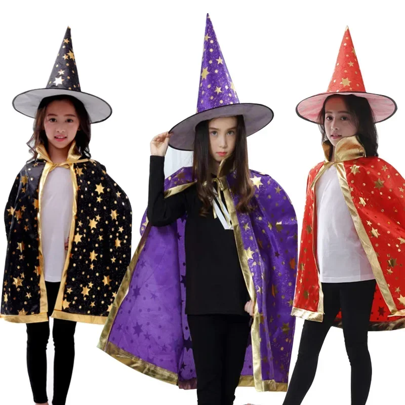 Kids Halloween Cloak Hat Witch Cosplay Stars Colorful Cloak And Witch Hat Set Party Prom Performs Dressing Up 80CM