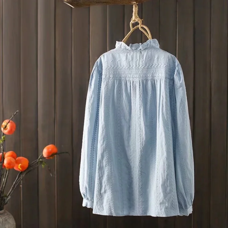 Bohemian Shirts & Blouses Women Pullover Female Korean Fashion Long Sleeve Blue Ruffled Lace Embroidered Cotton Blouses