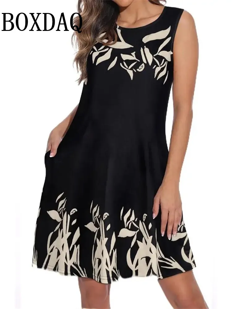 Fashion New Sleeveless Vest Black Floral Printed Dress Sexy Tank Summer Loose Women's Dresses Bohemian Casual Pockets Sundress