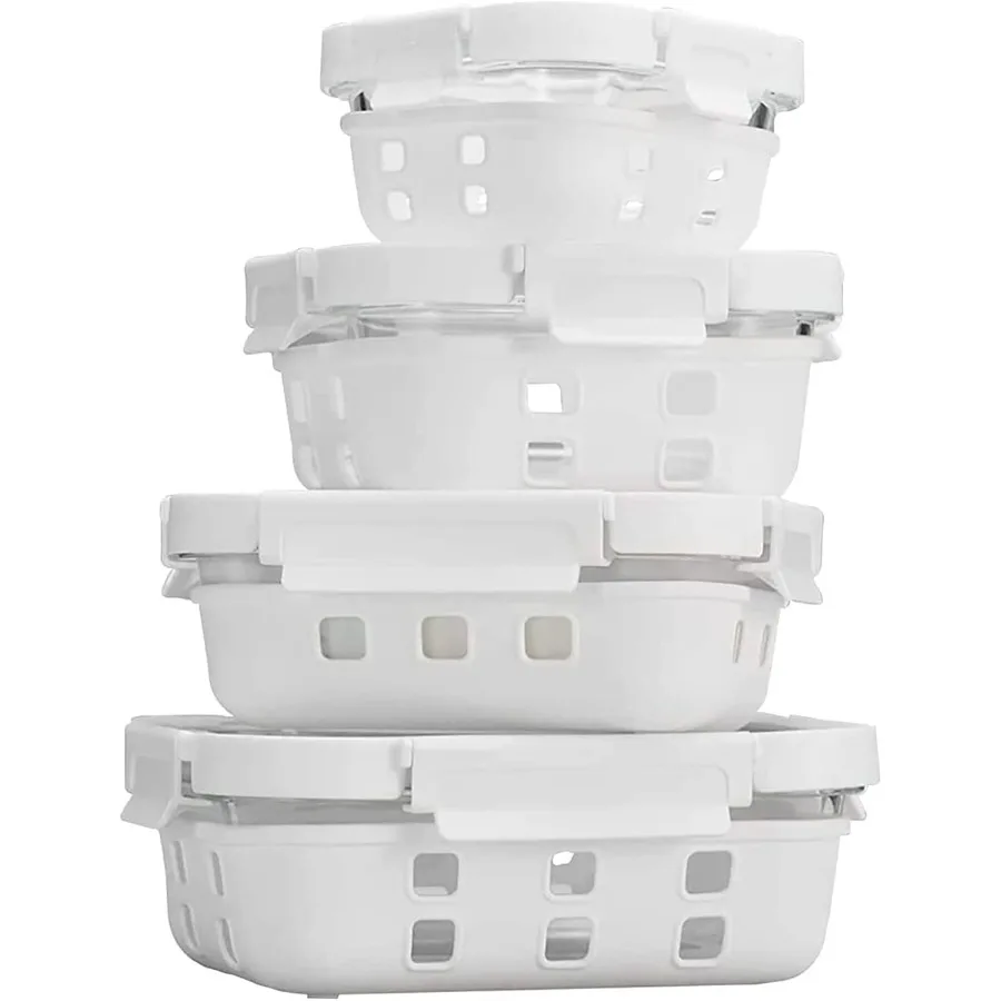 

Glass Food Storage Meal Prep Containers Food Grade Silicone Wrap Air Release Vent Rectangular shape 8 Pc Set 4 Containers 4 Mat