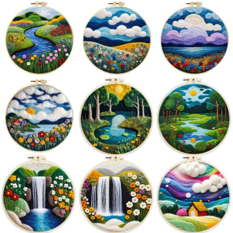 SDOYUNO 20x20cm Frame Wool Felt Kit Needle Felting Landscape Creative Felt Painting DIY Wool Craft Wool Felting Kit For Adult