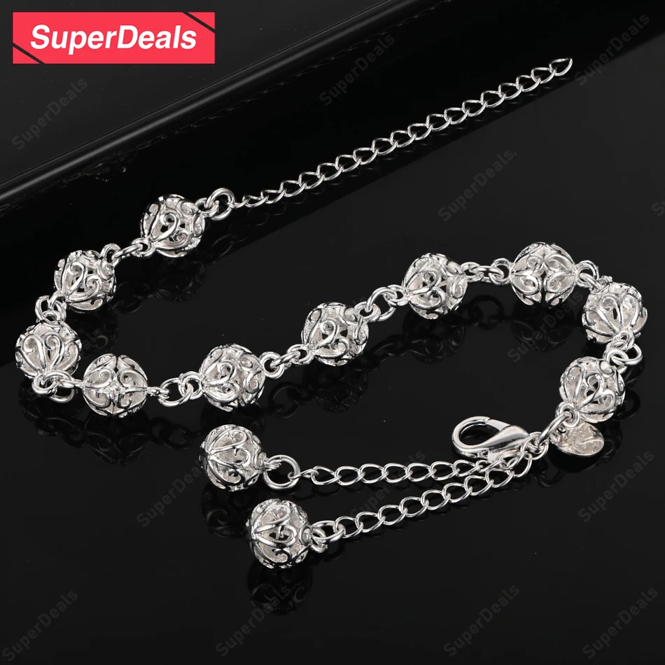

SuperDeals Hollow Round Ball Chain 925 Sterling Silver Bracelet Women Party Fashion Jewelry Engagement Wedding Gift Accessories