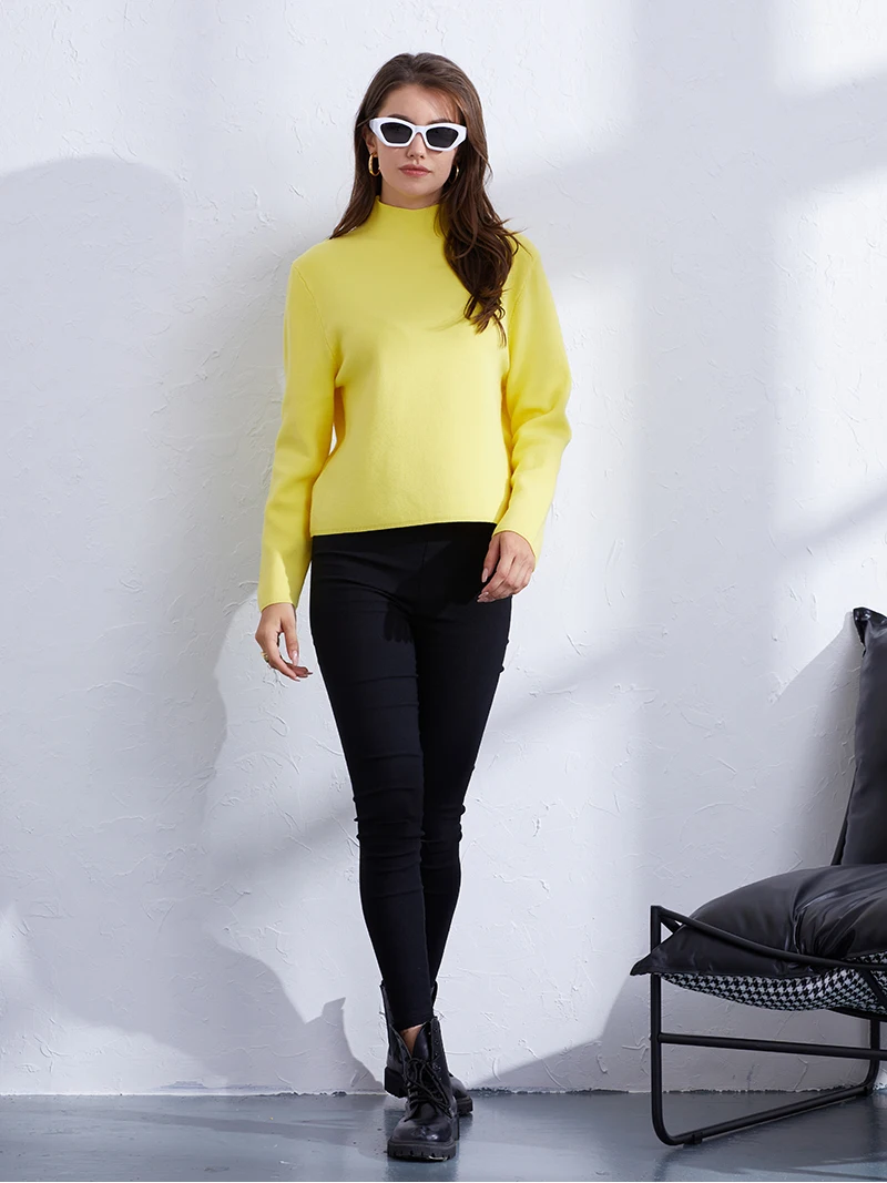 Vintage Pullover Sweater Women Yellow Blue Autumn Mock Neck Cropped Sweater Korean Style Long Sleeve Short Sweater For Women