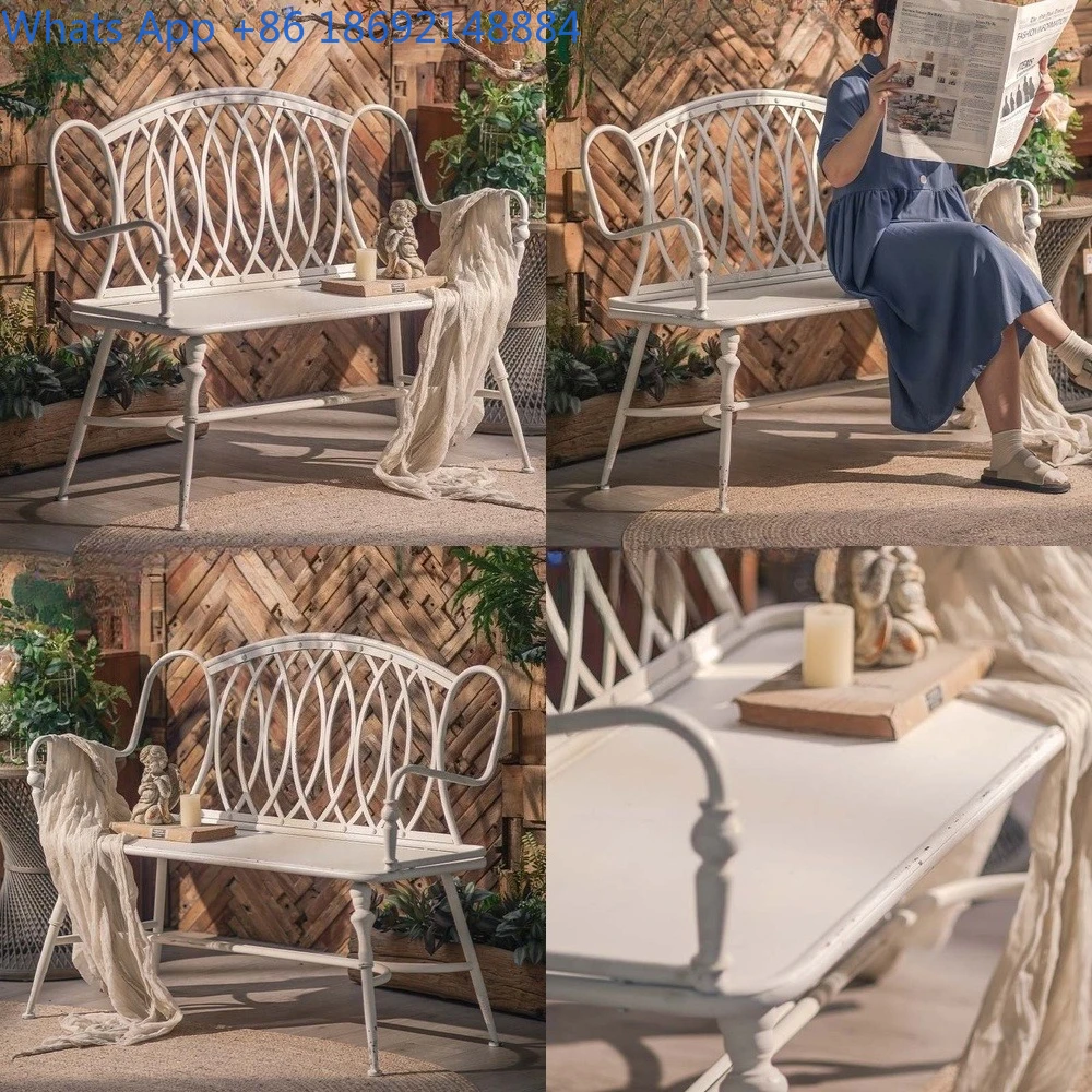 

French Style Vintage Bench Outdoor Garden Iron Backrest Chair Distressed American Design for Patio