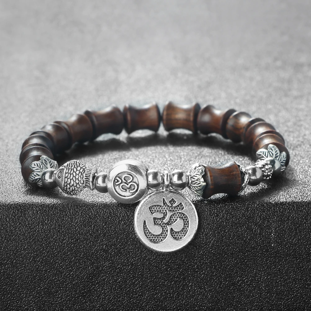 Chinese Style Vintage Bamboo Joint Beaded Bracelets For Women Men OM Symbol Pendant Natural Wooden Beads Bracelet Ethnic Jewelry