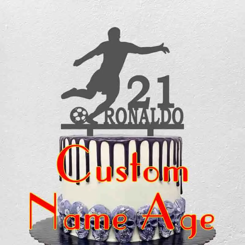 Personalized Football Cake Topper Custom Name Age Man Playing Football Silhouettes Football Fans Birthday Party Cake Decoration