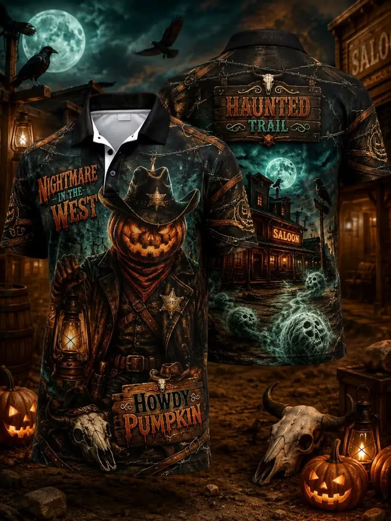 Western Halloween Pumpkin Cowboy Polo Shirt 3D All‑Over Print Ghost Raven Short Sleeve Men Holiday Party golf shirt Tops