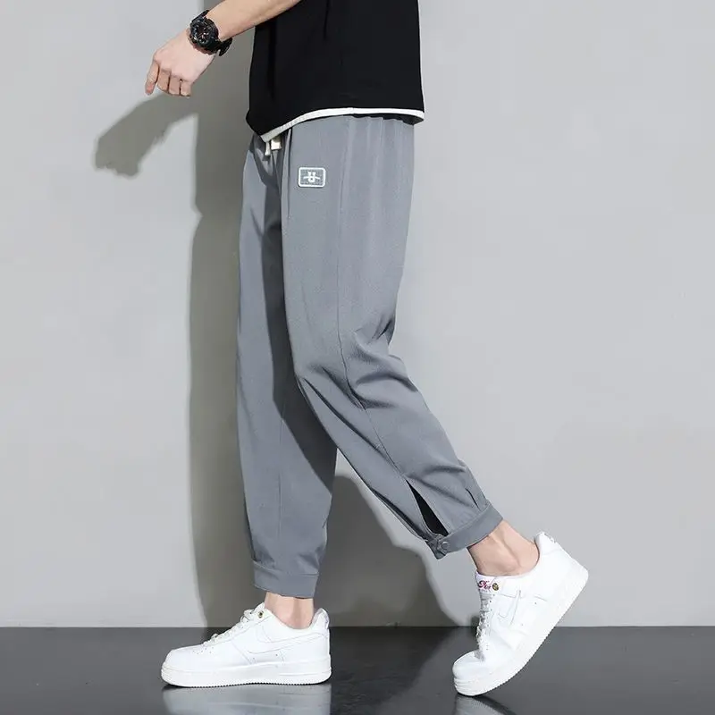 Thin Ice Silk Pants for Men Summer Trendy Brand Loose Tying Feet Versatile Casual Nine-point Pants