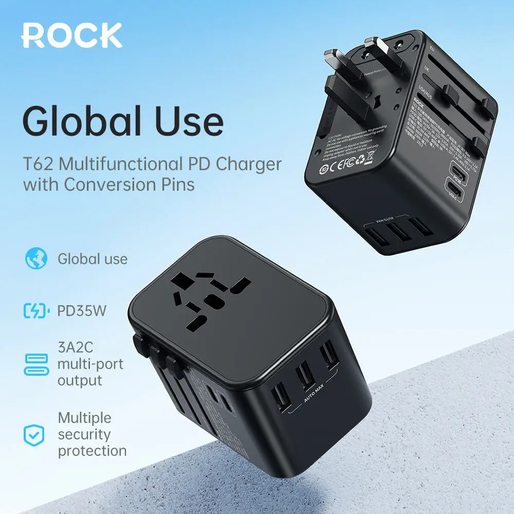 

ROCK Smart Travel Adapter International Plug Adaptor Wall USB Type C PD Charger AC Power for USA EU UK AU US iPhone iPad Android