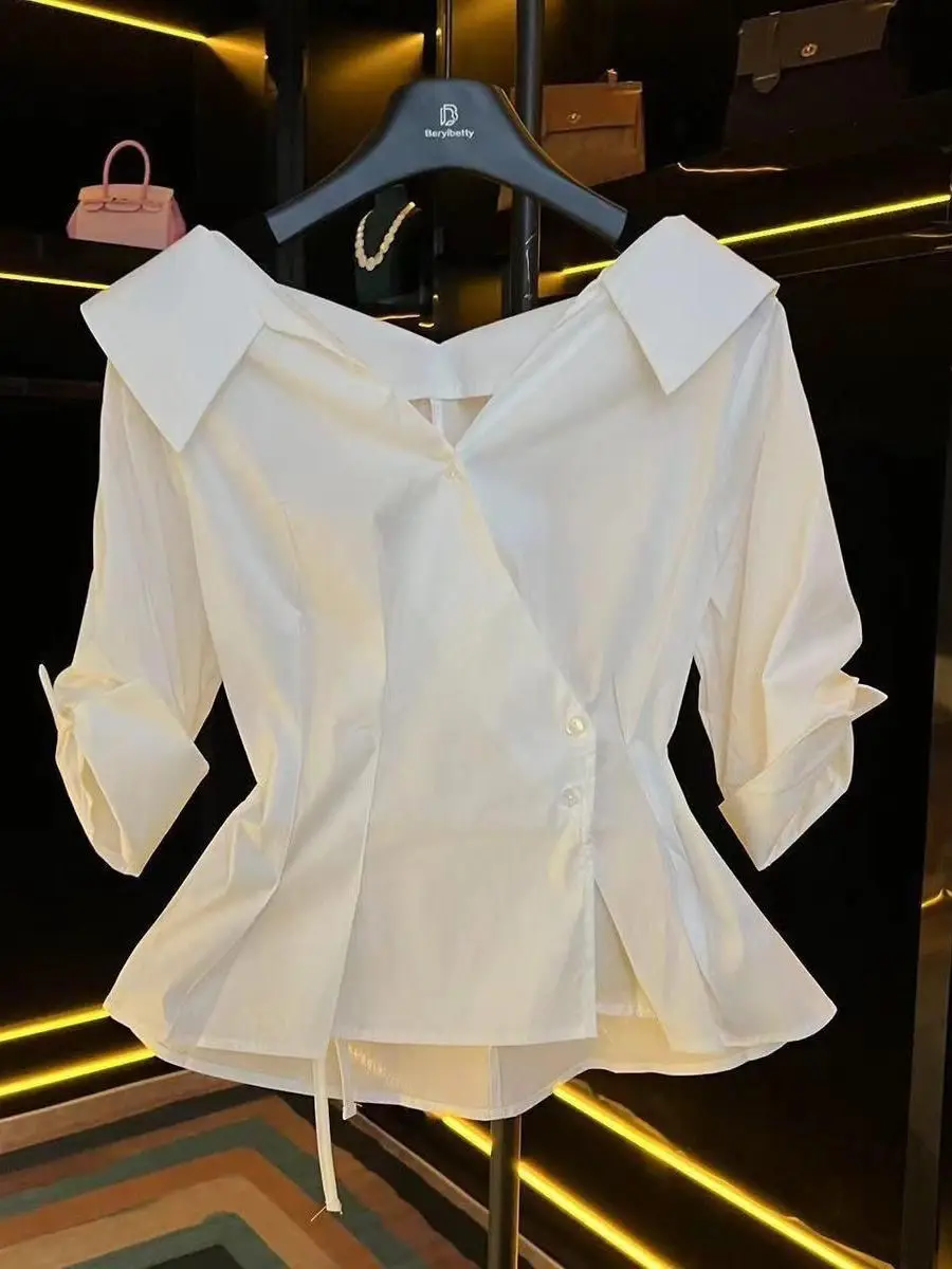 

Ele ort Sve V-Ne Women's irt Slim Fit Korean Sle Commute Faion High Waist Side Bule Summer New Arrival