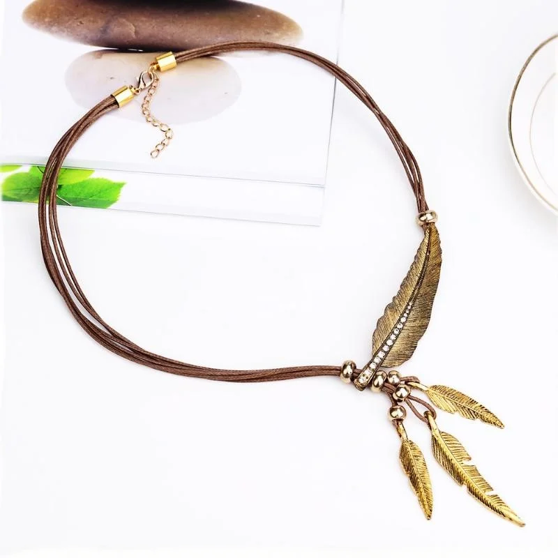 Boho Feather Decor Choker Necklace Vintage Rope Chain Ethnic Style Necklace Accessories For Women