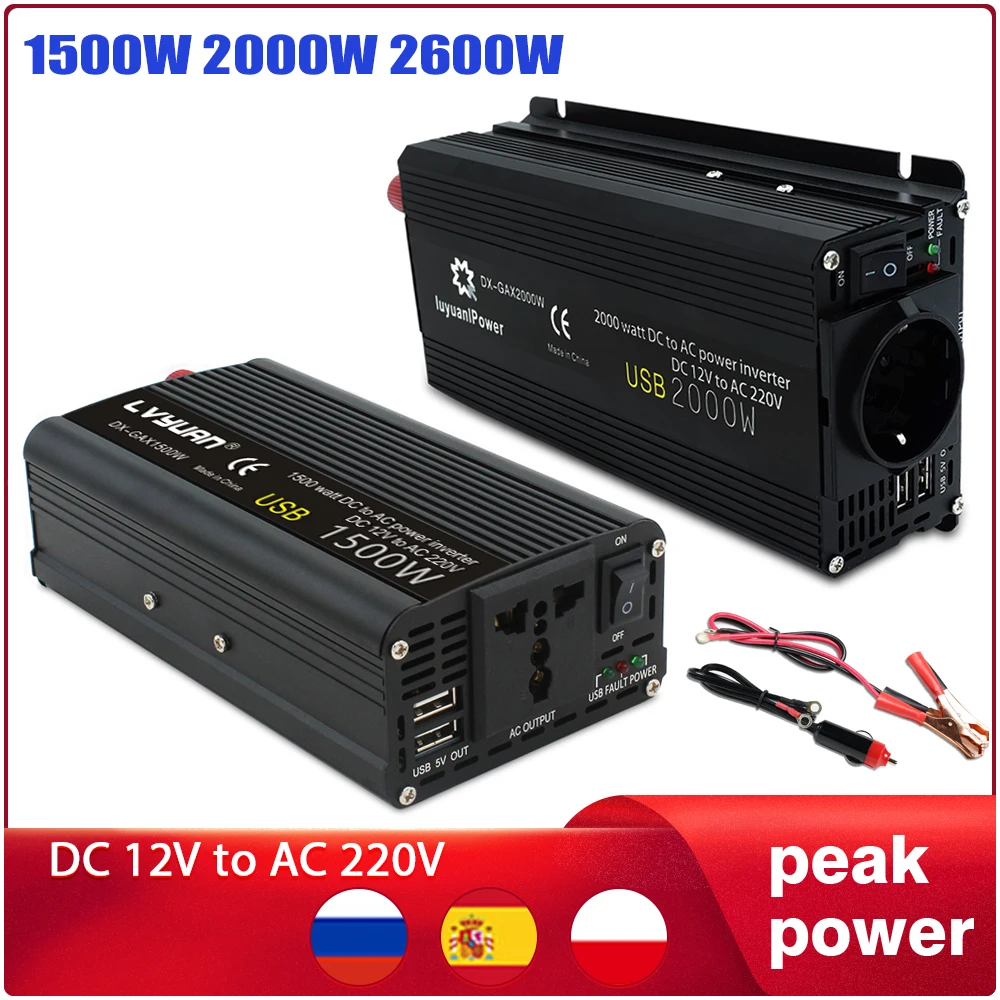 Inverter 12V 220V 1500W/2000W/2600W Converter 2 USB EU Universal Webasto 12 Volts Inversor12v 220 v Inversores Solar