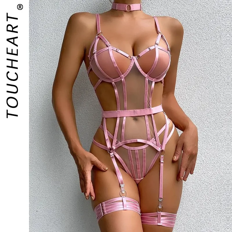 

Toucheart Women Pink Patchwork Spaghetti Strap Wrap Dress Interesting Underwear Backless Hollow Out Irregular Fashion Sexy Set