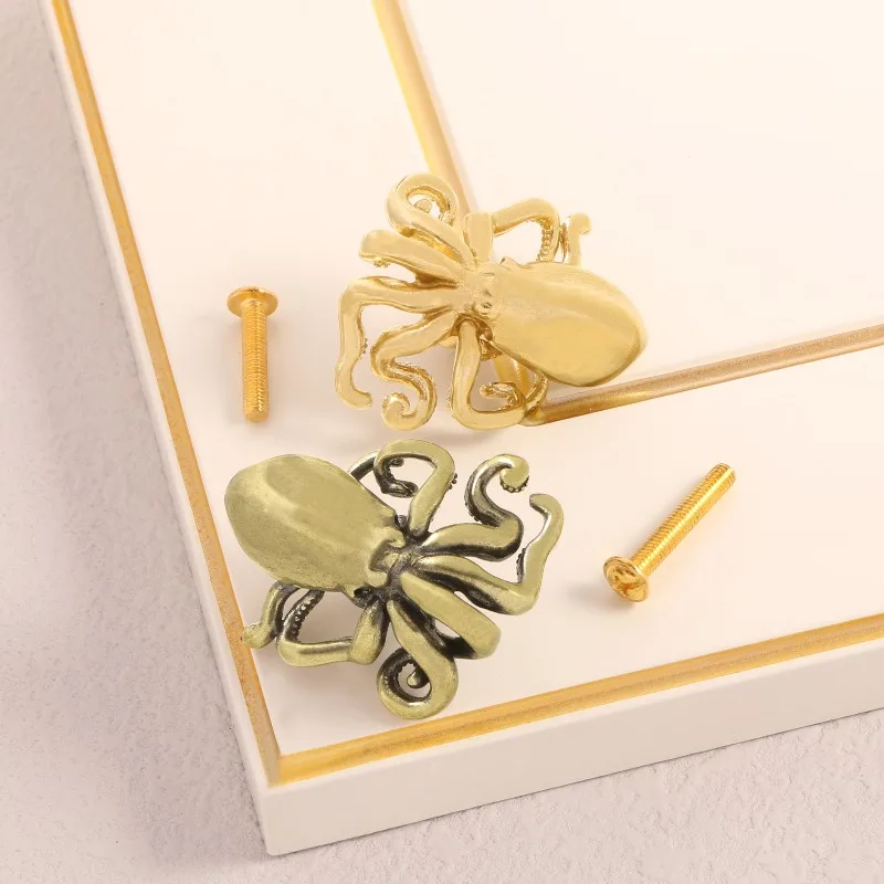 2pcs Creative Brass Octopus Drawer Pull, Metal Squid Wardrobe Cabinet Door Handle, Screw-on Furniture Hook