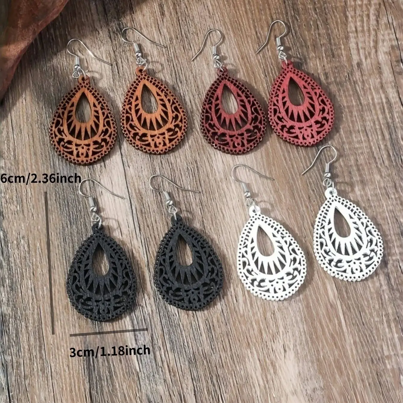 8-piece Bohemian retro Feng Shui drip diamond shaped geometric wooden earring set for women, fashionable and elegant earrings