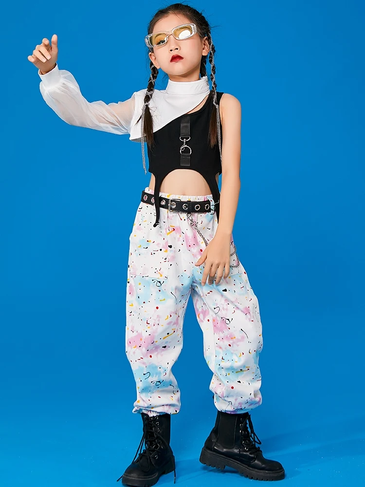 Girls HipHop Clothes Single Sleeve Tops Tie Dye Cargo Pants Sets Street Dance Performance Costume Kpop Jazz Dance Outfit DL11396