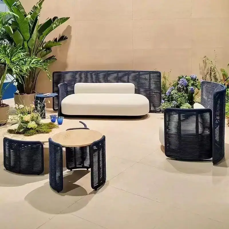 Custom Outdoor Nordic Aluminum Alloy Rope Sofa Combination Leisure Courtyard Garden Hotel Rattan Design Single Double Outdoor Fu