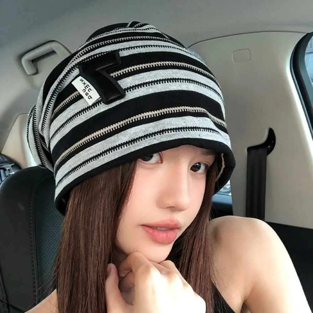 

Trendy Korean Y2k Striped Cap Soft Spring Autumn Baggy Strip Hat Slouchy Breathable Beanie Hats Streetwear