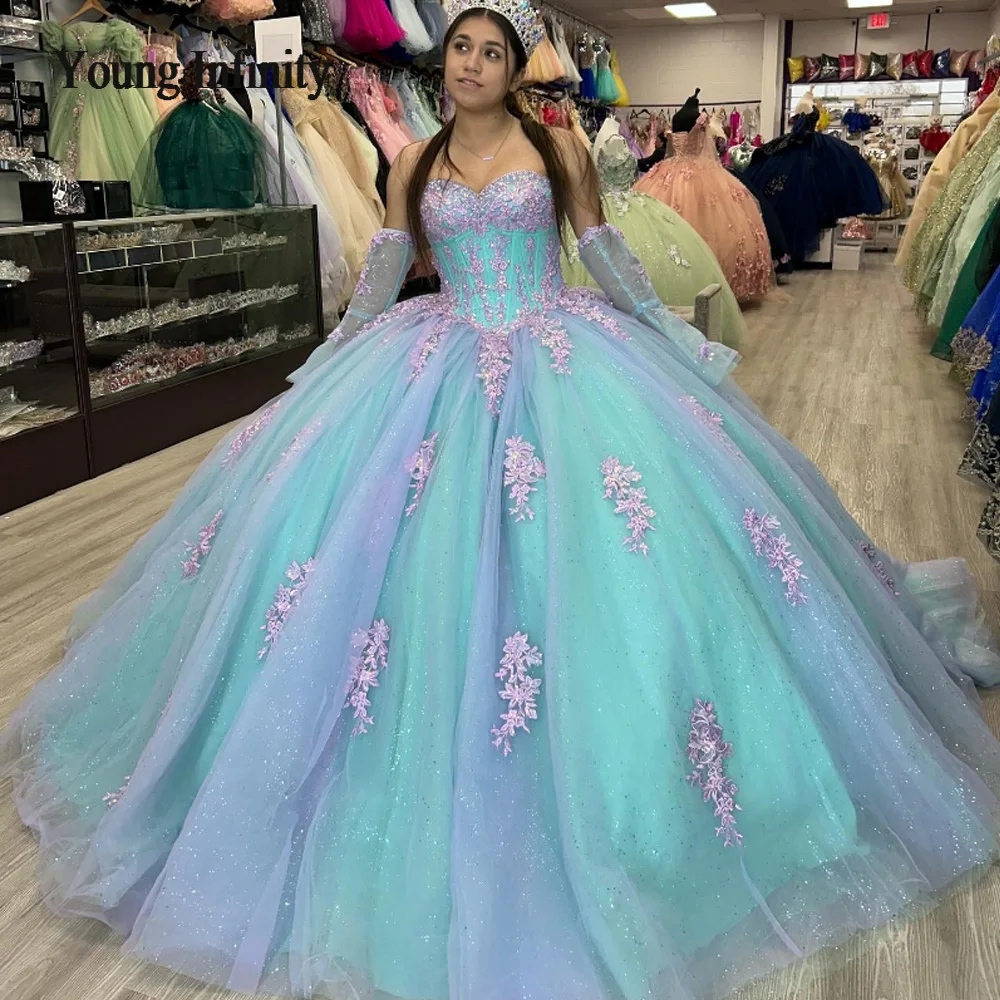 Vestido de baile Puffy luxuoso com aplique de renda, Vestidos Quinceanera azuis com miçangas e flores, mangas destacáveis, vestido de festa, 2024