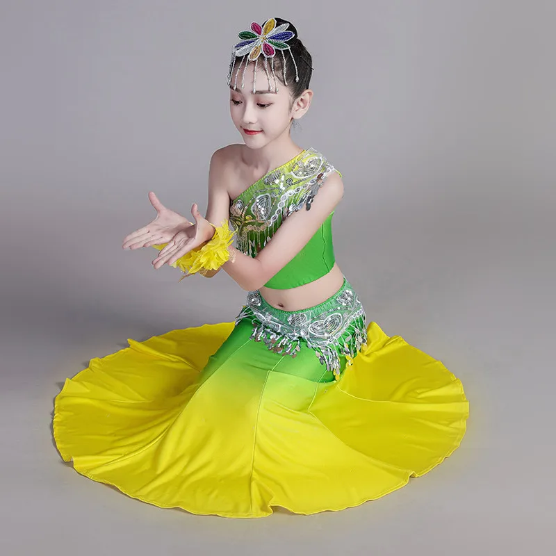 Children's Dai Dance Costume Elastic Peacock Dance Performance Costume Fishtail Skirt Minority Folk Dance Nationality Dress