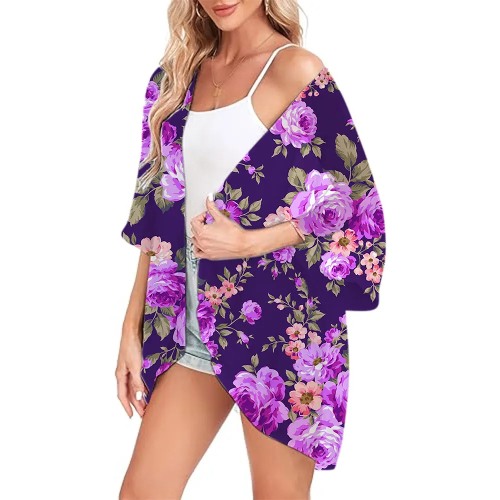 Floral Printed Kimono Women's Chiffon Cover-ups 2024 Summer Sexy Beach Loose Swimwear Lightweight Open Front Shirt For Ladies