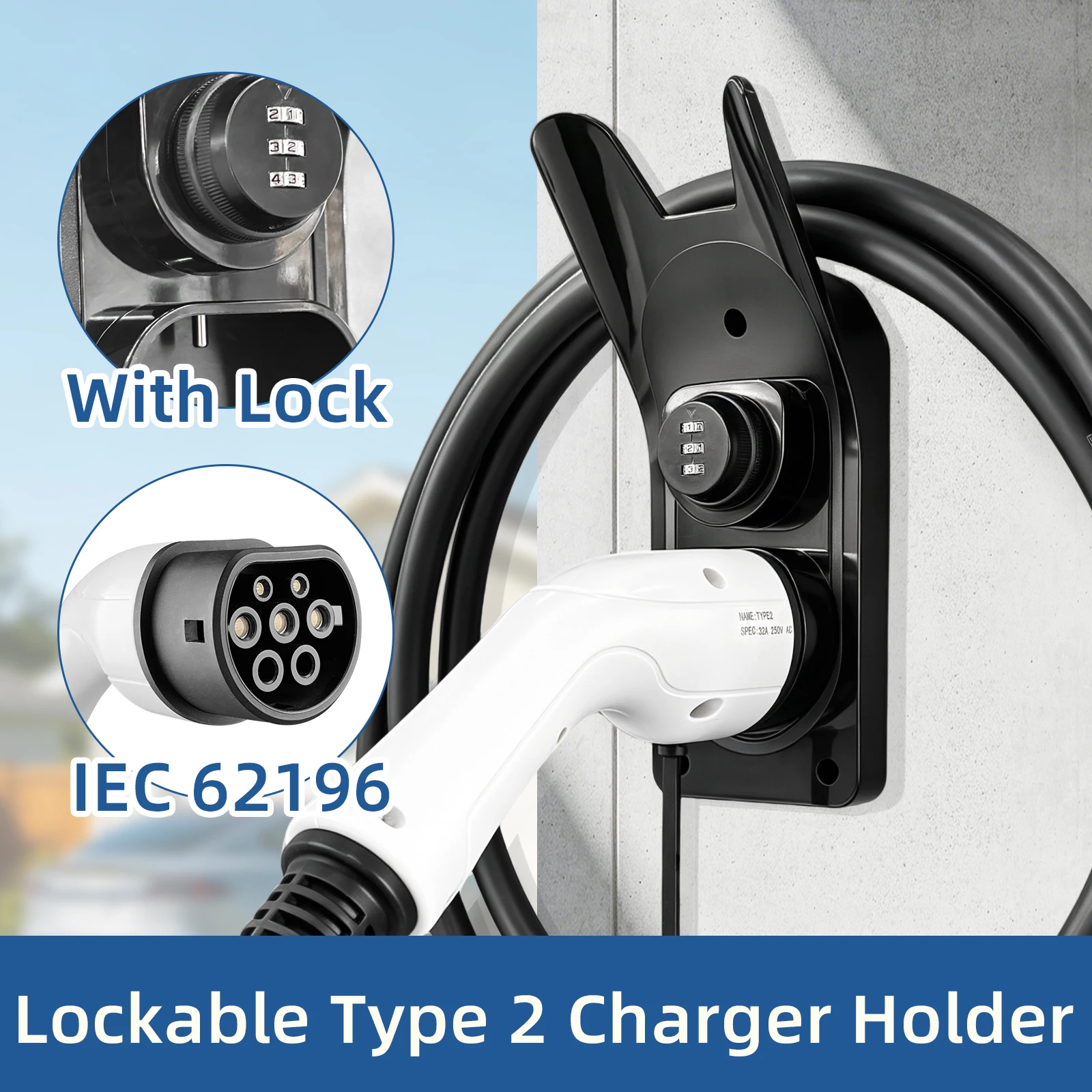 Type2 EV Charger Plug Wall Holder with Cable Hook,Wall‑Mount EV Cable Organizer,Also Hangs Other EV Charging Cables for EVSE