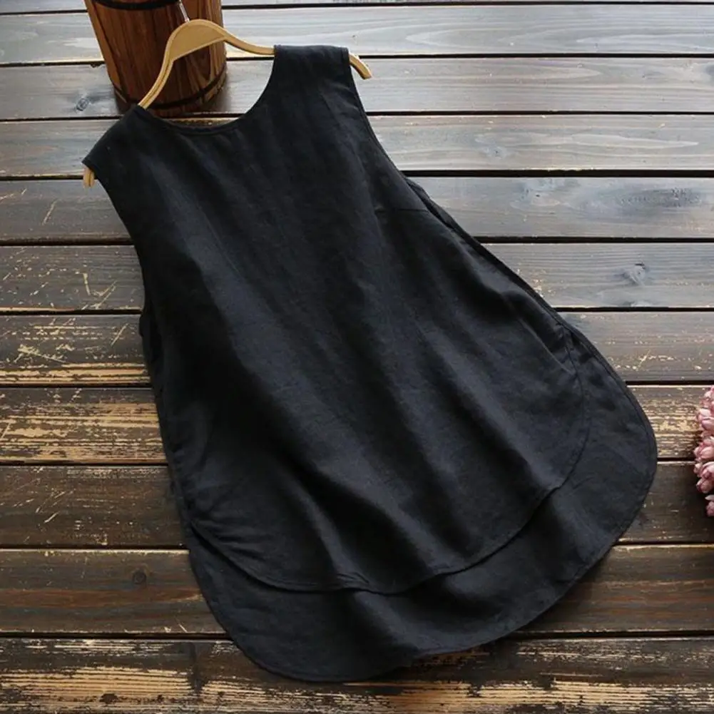 여성 캐주얼 베스트 O넥 민소매 단색 루즈핏 탱크탑 여름 언밸런스 사이드 슬릿 헴 풀오버 탑 여성 의류