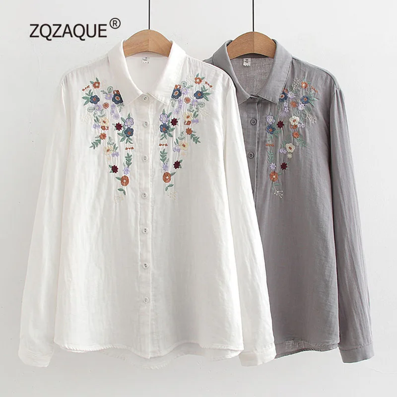 Spring Autumn New Comfortable Cotton Shirts Double Layer Embroidery Florals Casual Tops Long Sleeve All-match Blouses S065