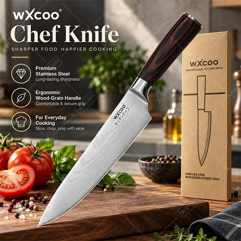 Coltello da chef WXCOO, acciaio inossidabile 5cr15Mov, coltello Santoku con manico in legno stabilizzato, ideale per cucinare a casa e per uso domestico.
