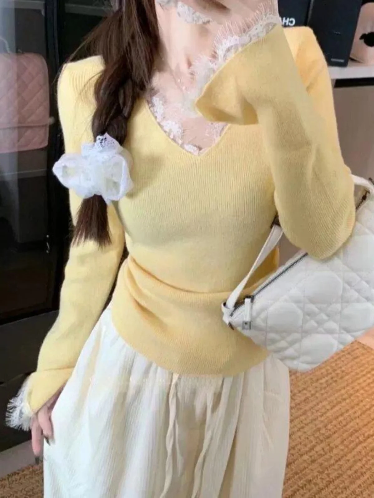 

Dopne Sweet Spicy Girl V-Ne Кружевная трикотажная базовая основа irt Женская осенне-зимняя футболка больших размеров, длинная футболка Sve Top