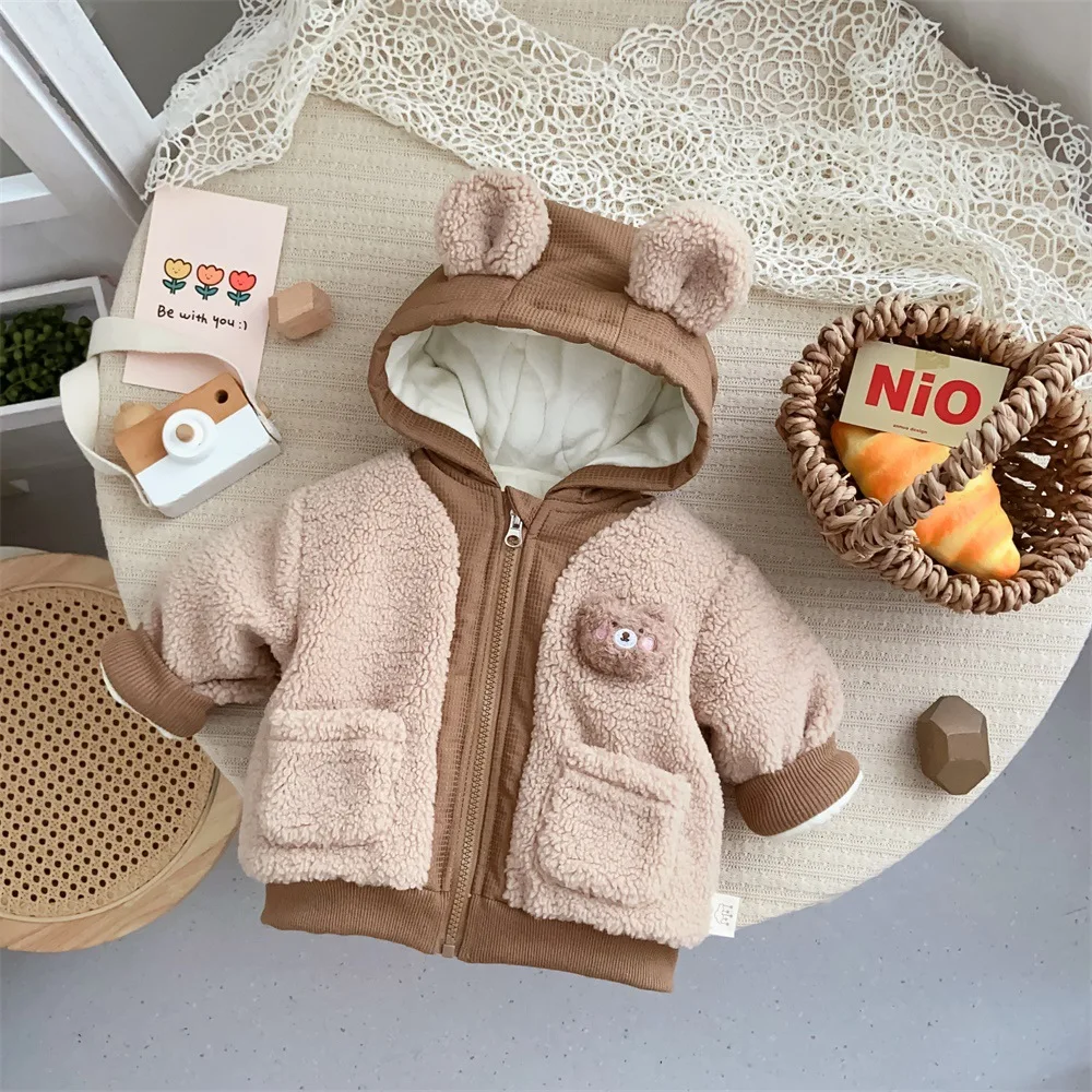 2024 Winter Korean Baby Girls Jacket Cotton Bear Plush Infant Baby Hooded Overcoat Pocket Zipper Toddler Warmer Outwear Coat