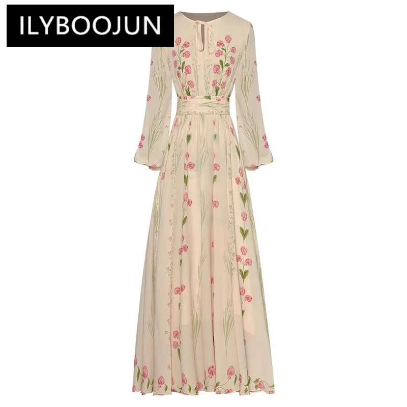 

ILYBOOJUN Fashion Designer Early Autumn Dress Women Lace-up O-Neck Lantern Sleeve Flowers Print Vintage Party Long Dresses