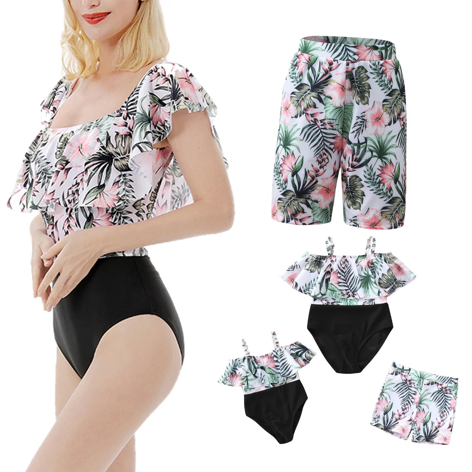 2022 Nieuwe Familie Bijpassende Badmode Leaf Print Patchwork Ouder Kind Bikini Ruches Bikini Badpak Комплекты Одежды Для Семьи