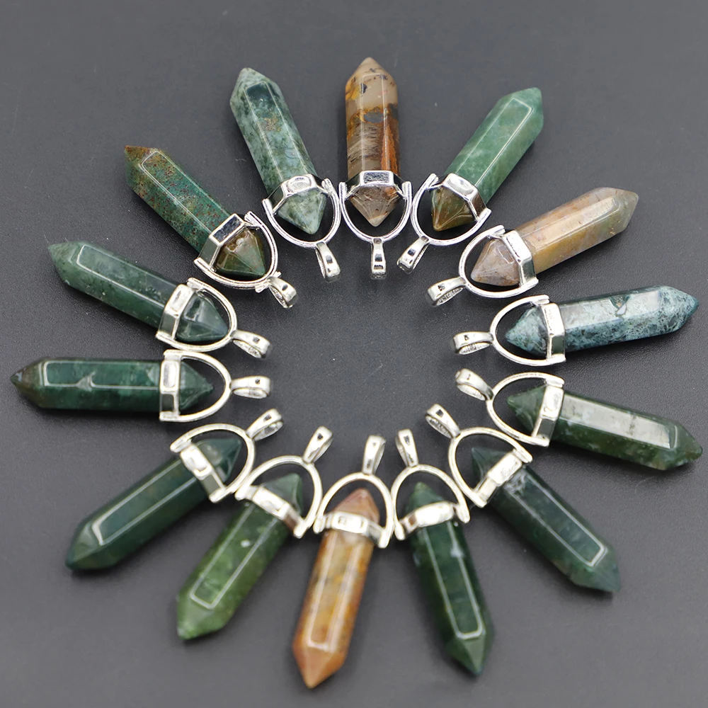 Featured Natural Gem Stone Indian Agate Pillar Point Pendants Charms Hexagonal Pendulum Reiki Charm DIY Jewelry Making Necklaces