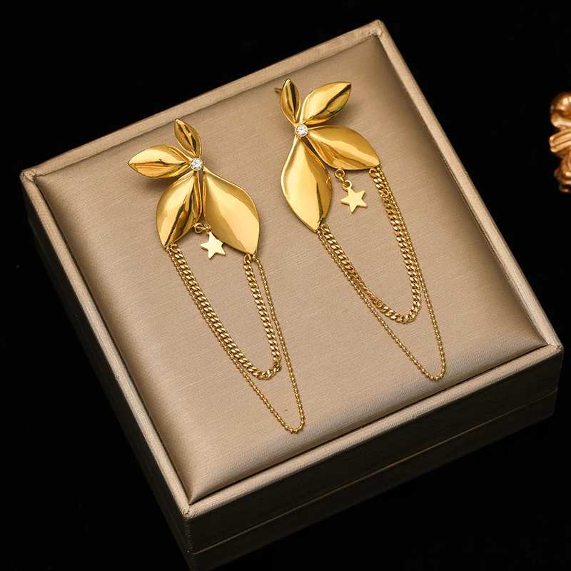 EILIECK 316L Stainless Steel Gold Color Flower Tassel Earrings For Women Girl Fashion Non-fading Ear Jewelry Party Birthday Gift